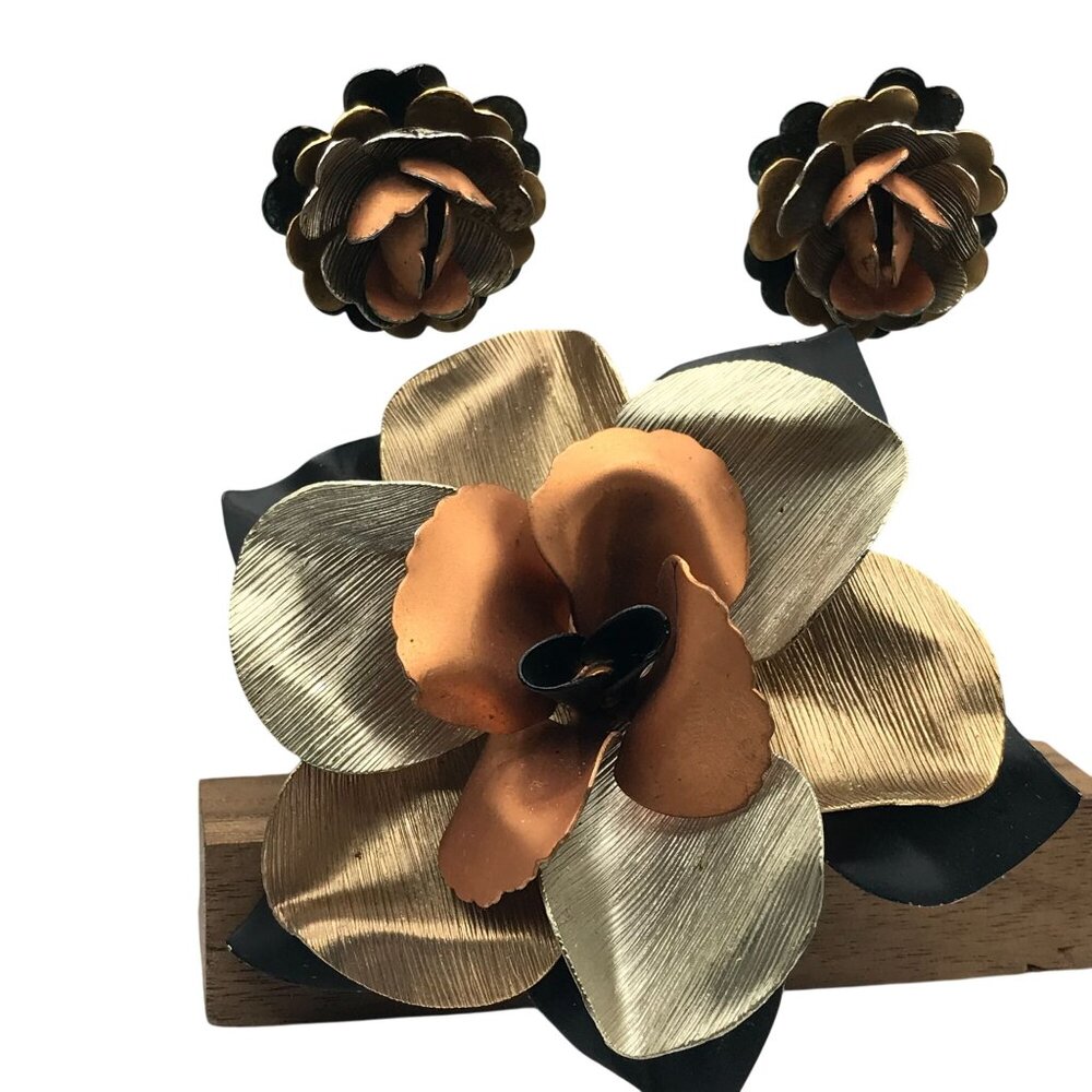 Autumn Mixed Metals Flower Brooch Pin and Clip On Earrings, Gift Jewelry Set
